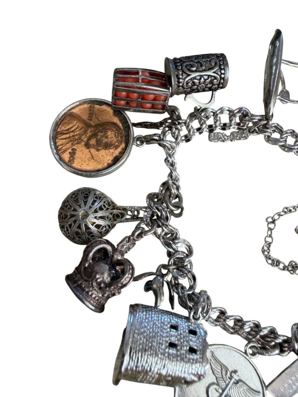 Vintage Elco 6" Sterling Silver Double Link Charm Bracelet W/ 16 Unique Charms E - Picture 4 of 16